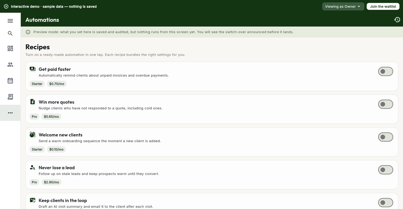 Automation recipes with tier and monthly cost per recipe