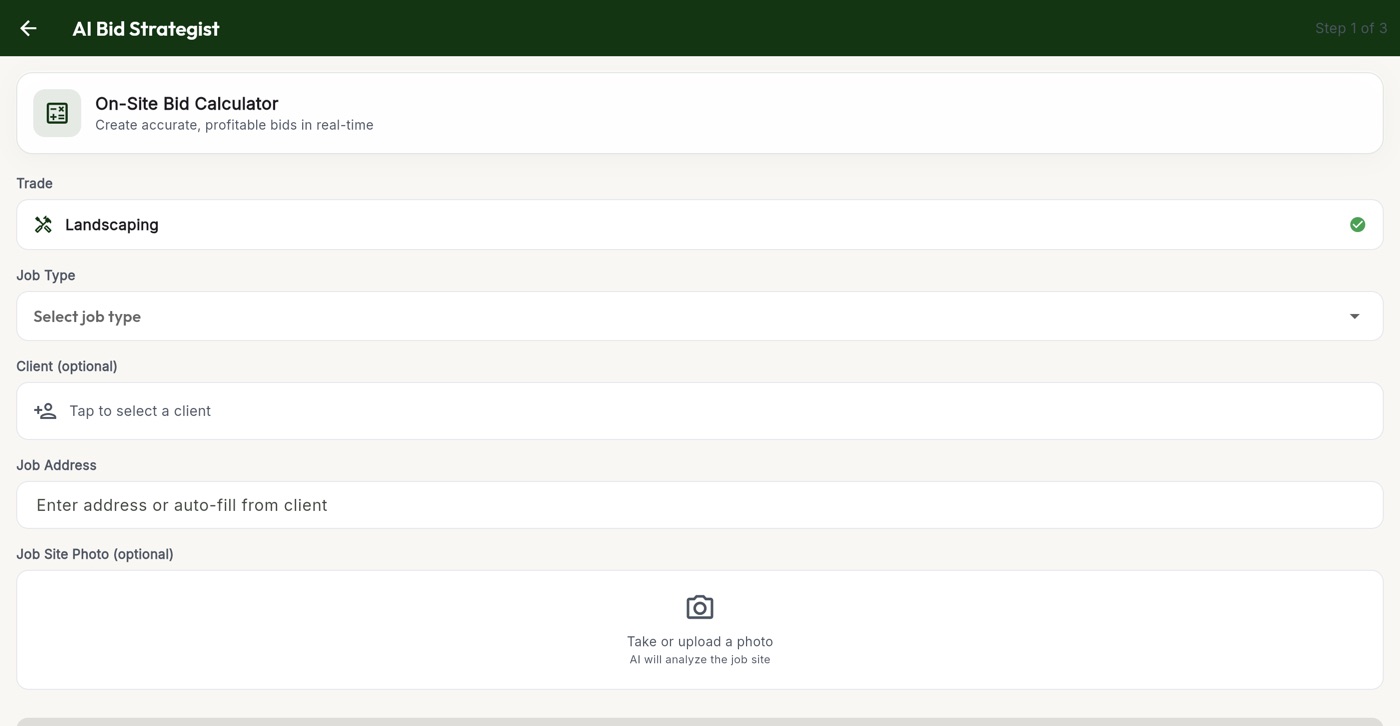 On-site bid calculator with trade, job type, client and site photo