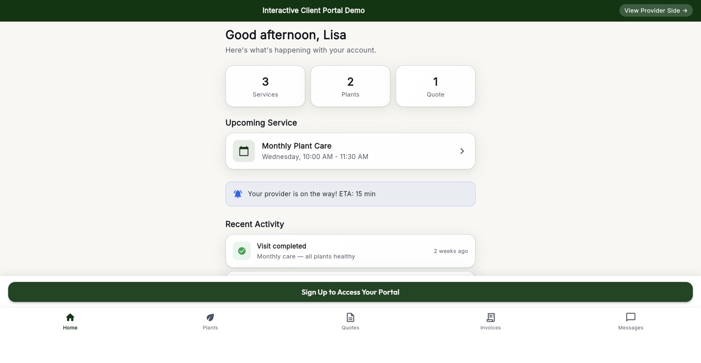 Client portal home with upcoming service and recent activity