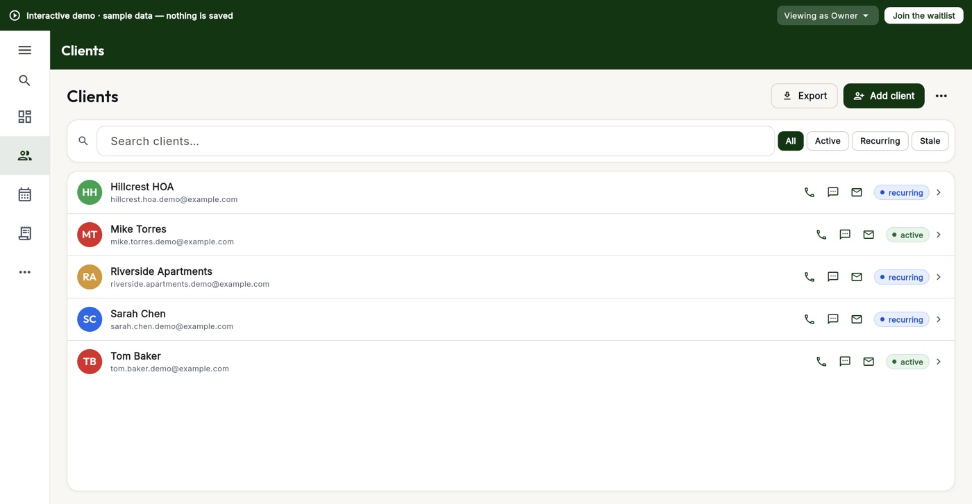 Clients list in Plantburgh Portal with recurring and active clients
