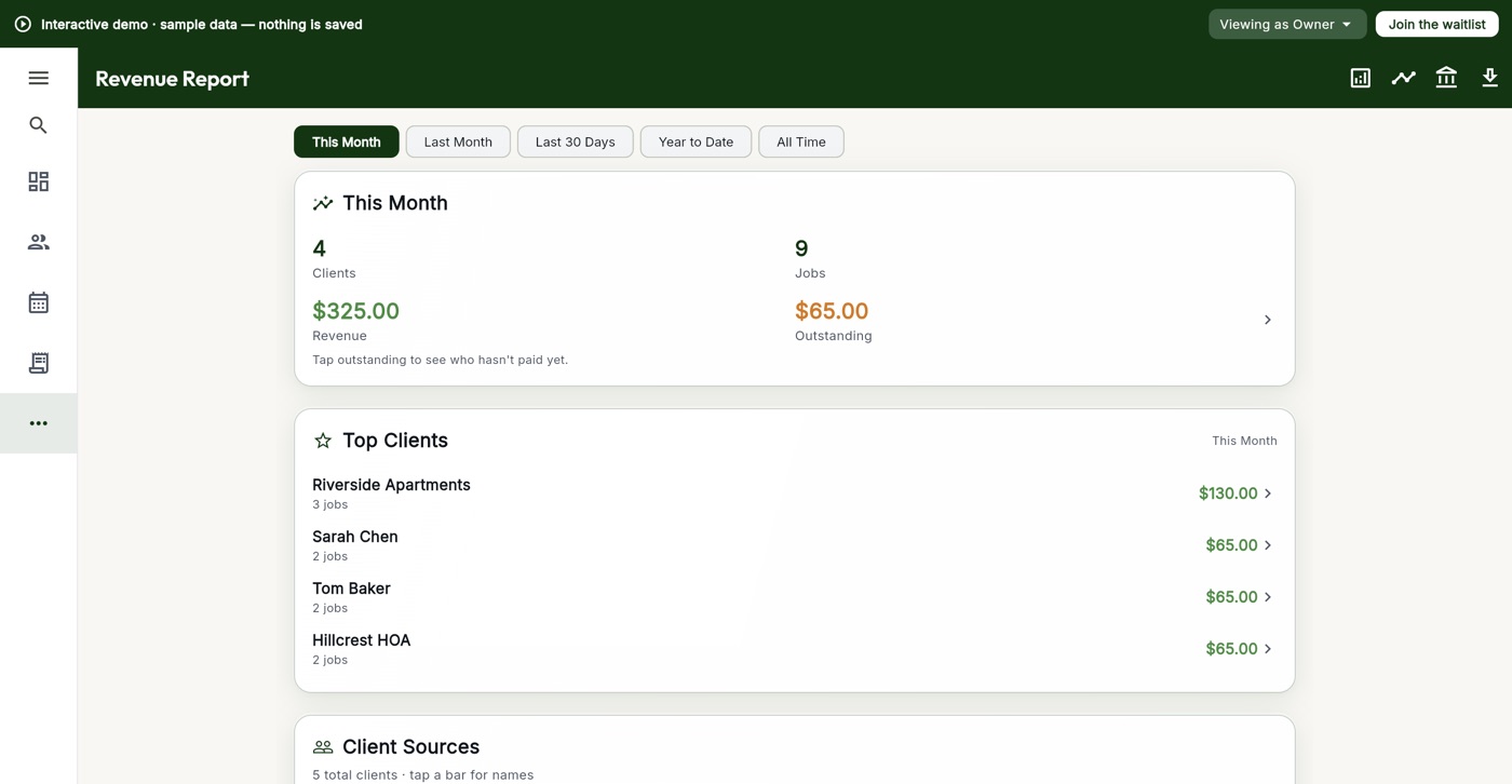 Revenue report with clients, jobs, revenue, outstanding and top clients