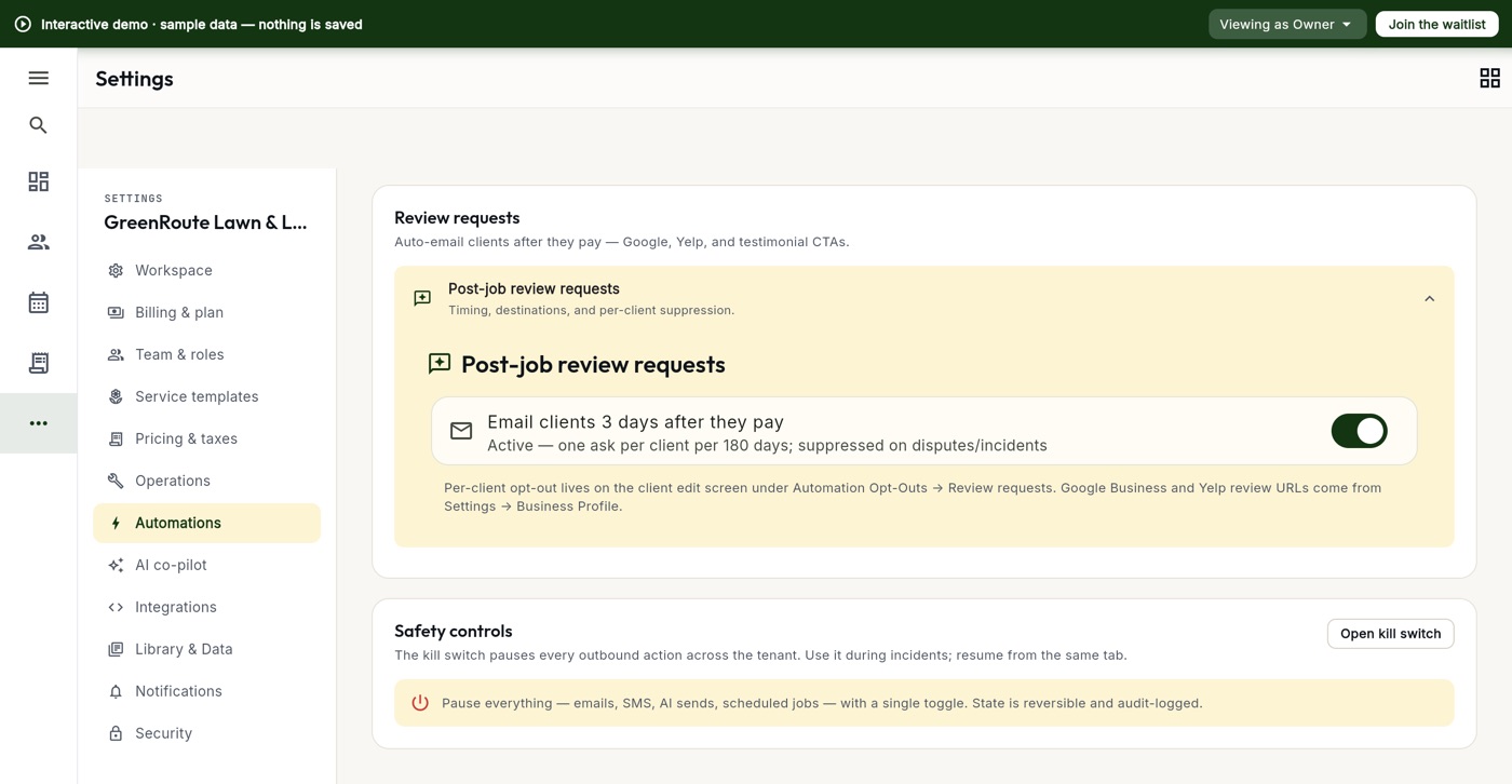 Post-job review request settings: email three days after payment