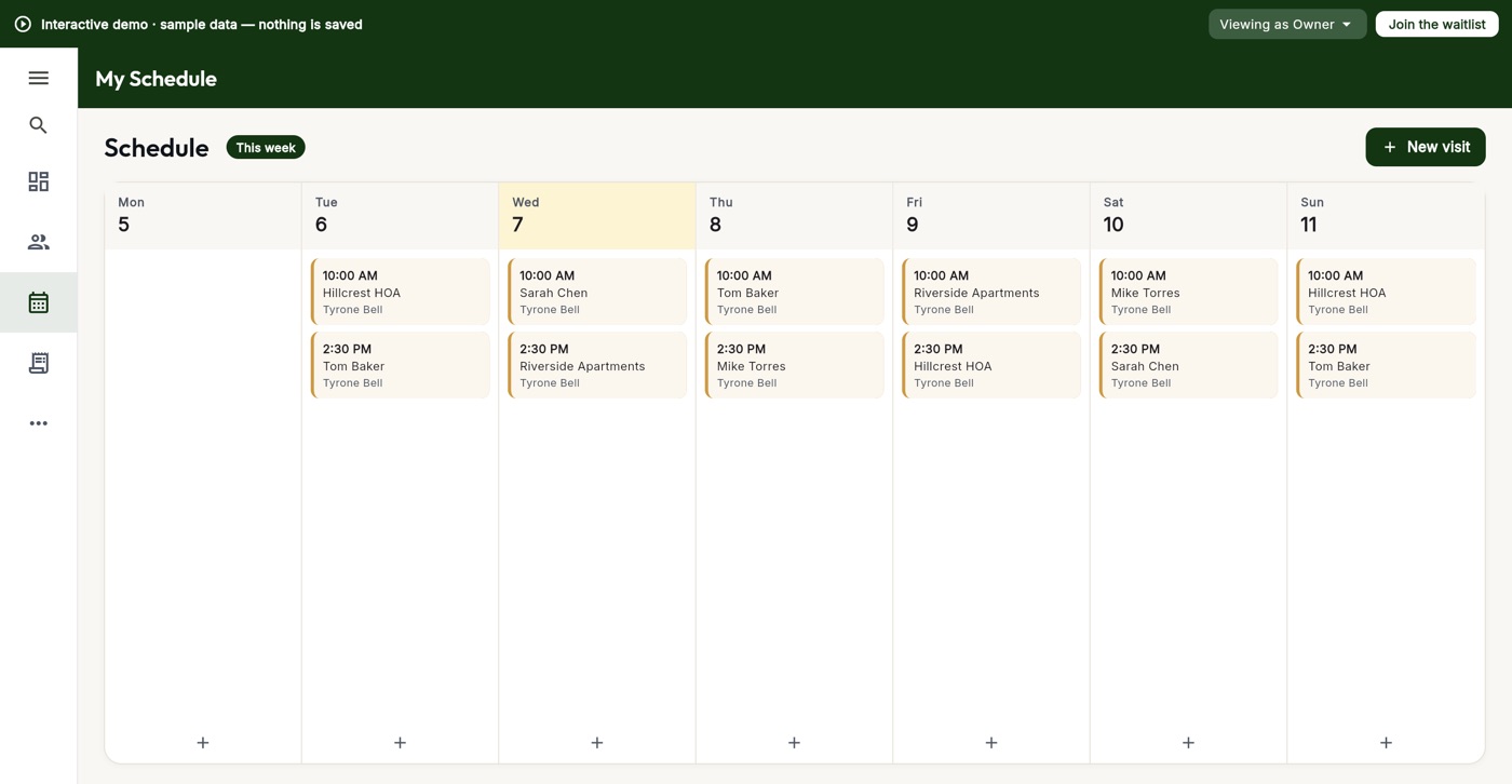 Week schedule with two route stops a day, each assigned to a technician