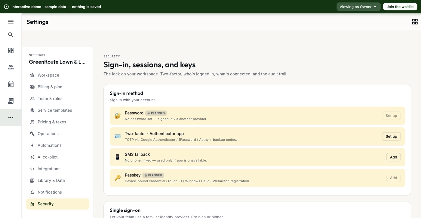 Security settings: sign-in method, two-factor and SMS fallback